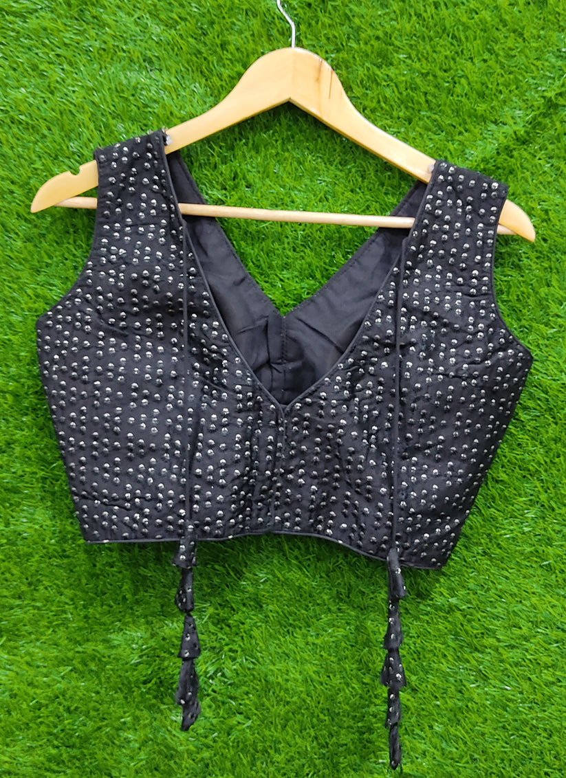 Black Raw Silk Embroidered Readymade Padded Blouse
