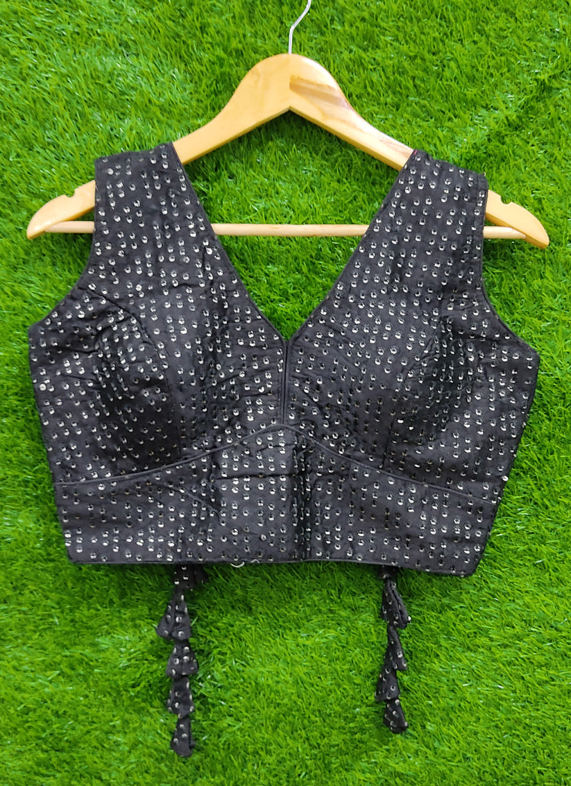 Black Raw Silk Embroidered Readymade Padded Blouse