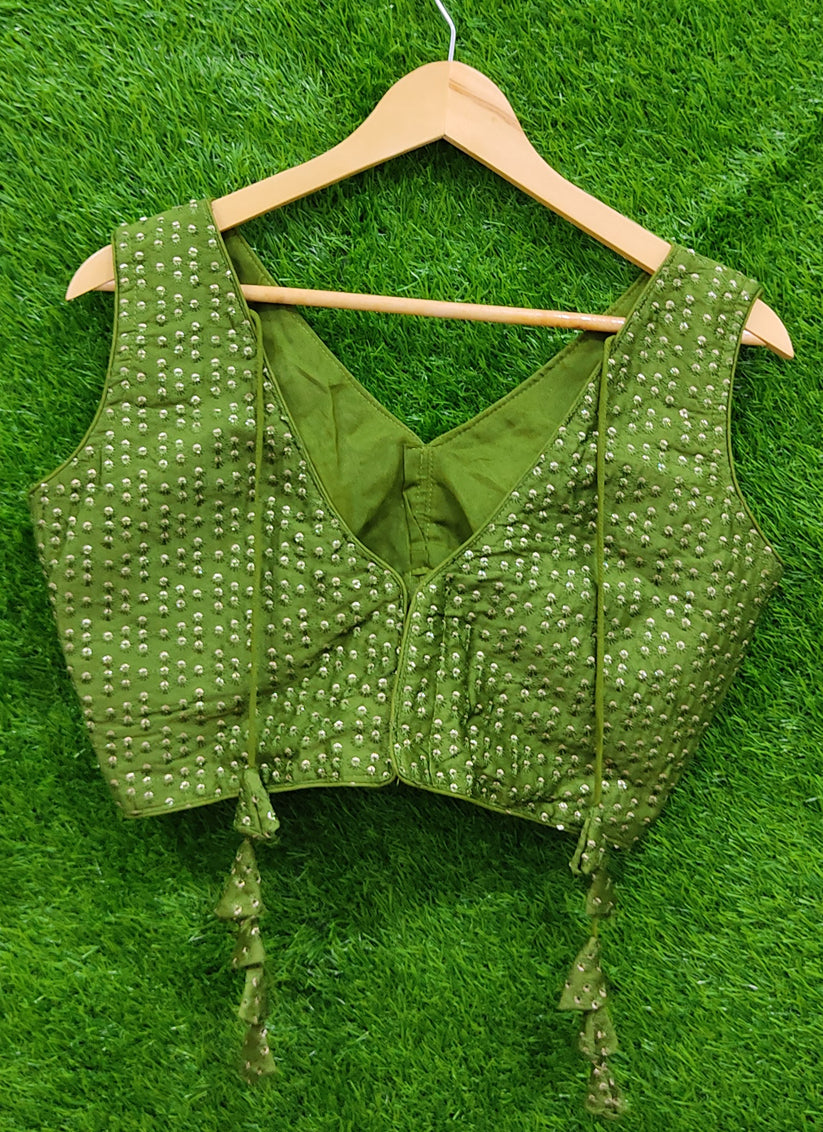 Green Raw Silk Embroidered Readymade Padded Blouse