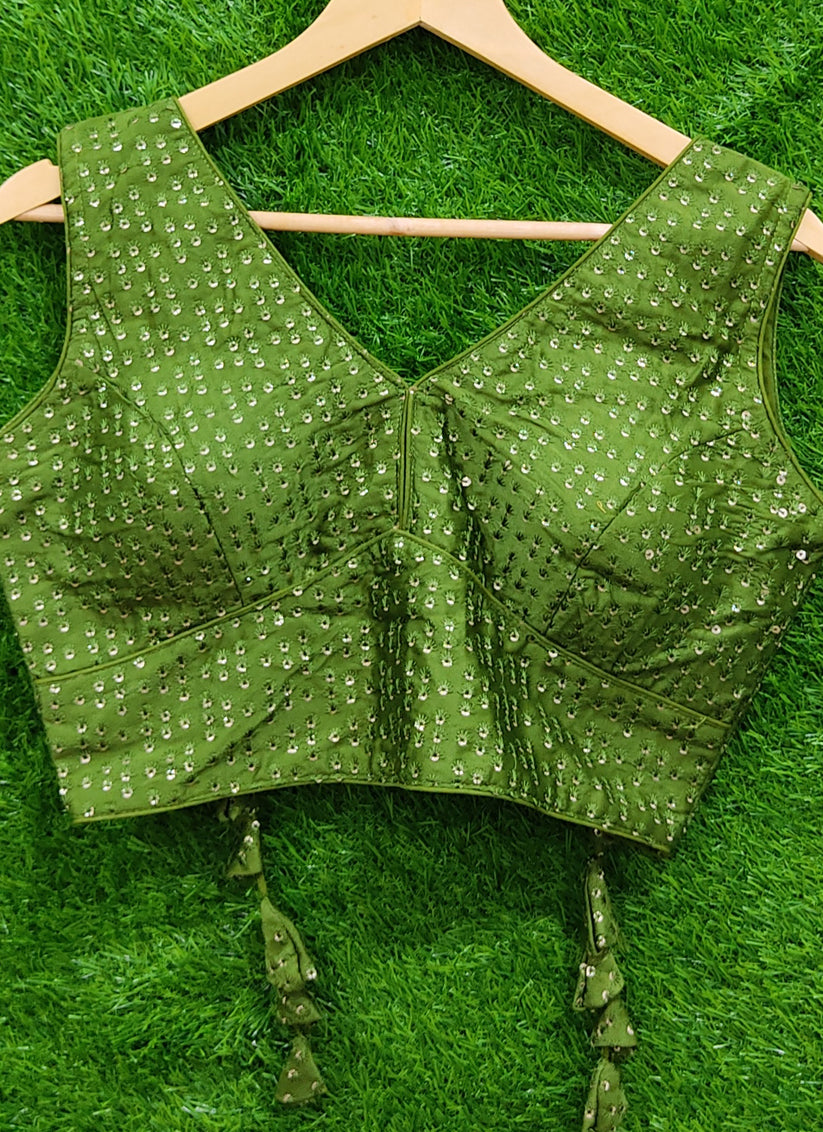 Green Raw Silk Embroidered Readymade Padded Blouse