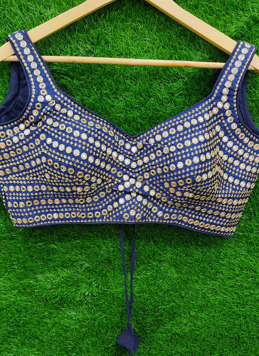 Midnight Blue Raw Silk Embroidered Readymade Padded Blouse