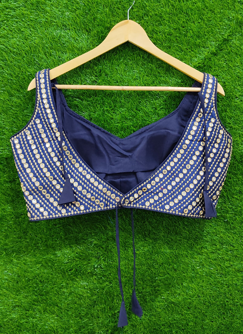 Midnight Blue Raw Silk Embroidered Readymade Padded Blouse