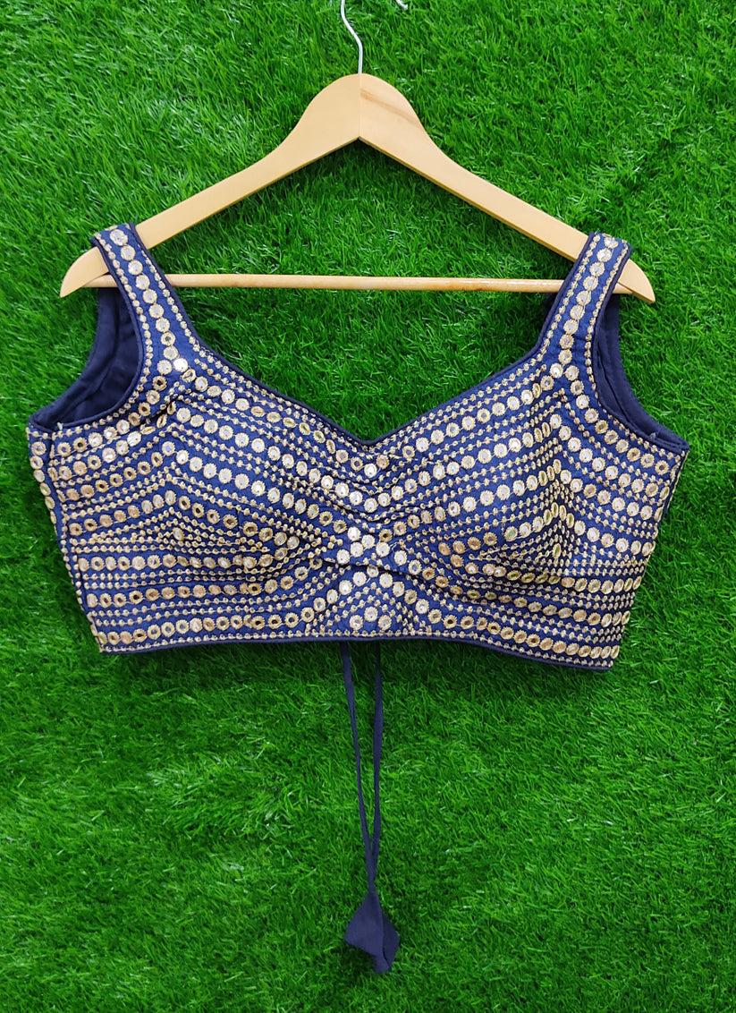 Midnight Blue Raw Silk Embroidered Readymade Padded Blouse