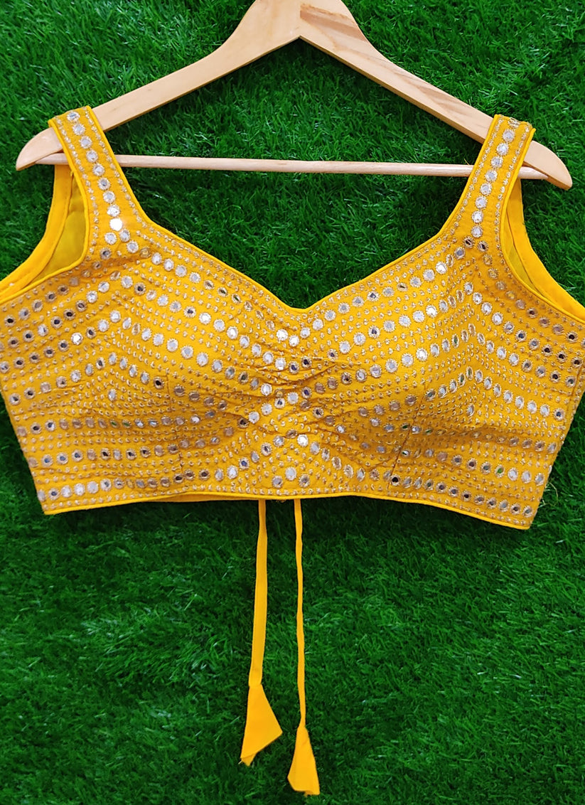 Yellow Raw Silk Embroidered Readymade Padded Blouse