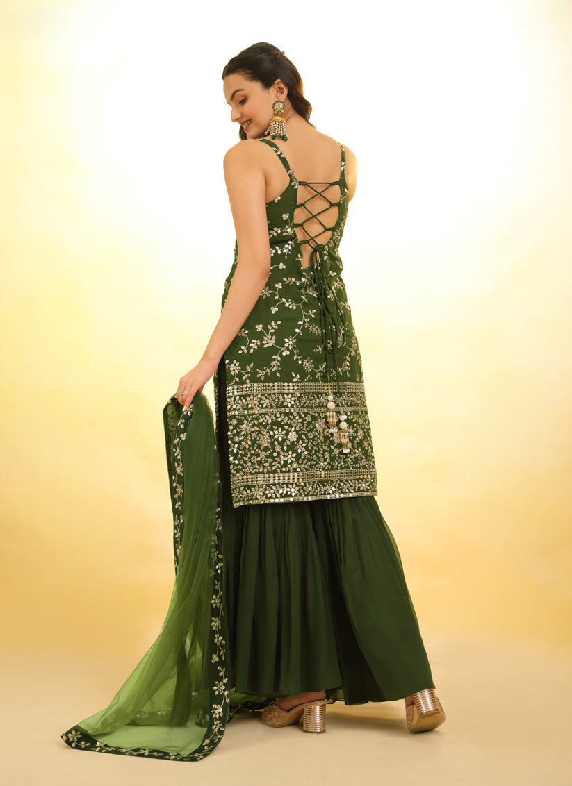 Olive Green Embroidered Georgette Readymade Sarara Kameez