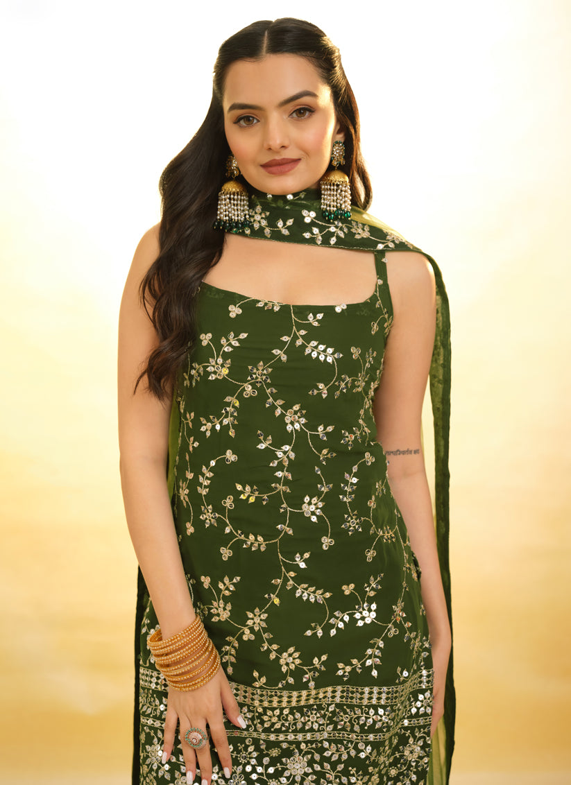 Olive Green Embroidered Georgette Readymade Sarara Kameez
