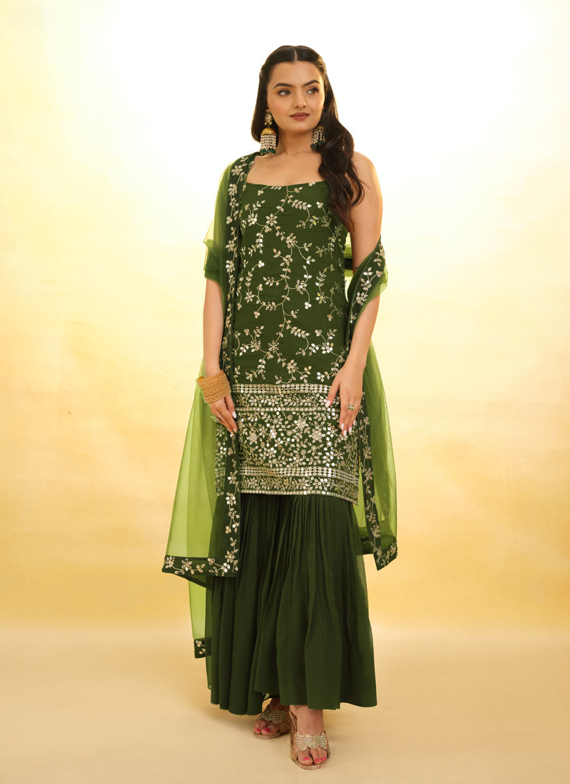 Olive Green Embroidered Georgette Readymade Sarara Kameez