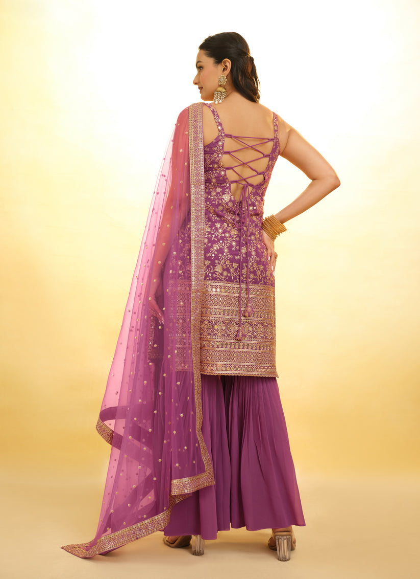 Onion Pink Embroidered Georgette Readymade Sarara Kameez