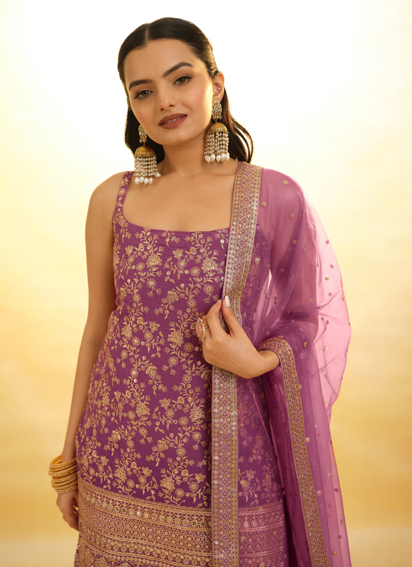 Onion Pink Embroidered Georgette Readymade Sarara Kameez