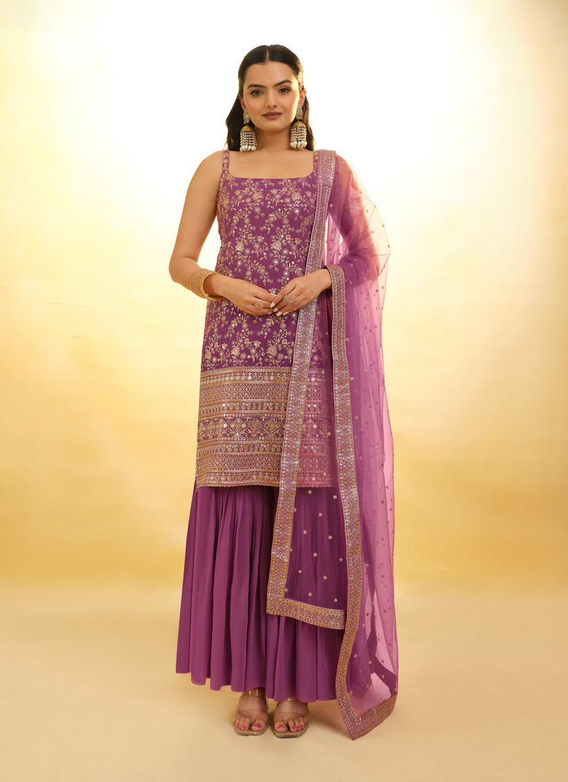 Onion Pink Embroidered Georgette Readymade Sarara Kameez