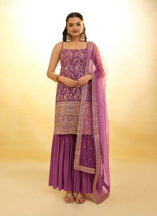 Onion Pink Embroidered Georgette Readymade Sarara Kameez