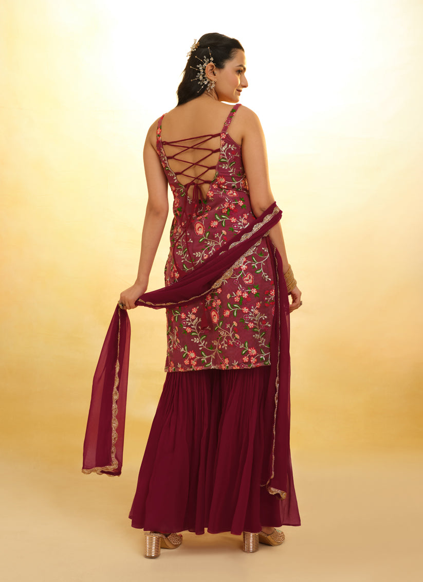 Maroon Embroidered Net Readymade Sarara Kameez
