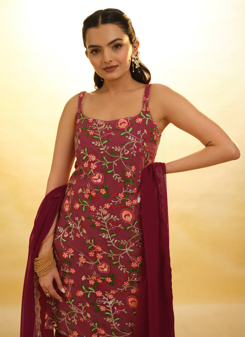 Maroon Embroidered Net Readymade Sarara Kameez
