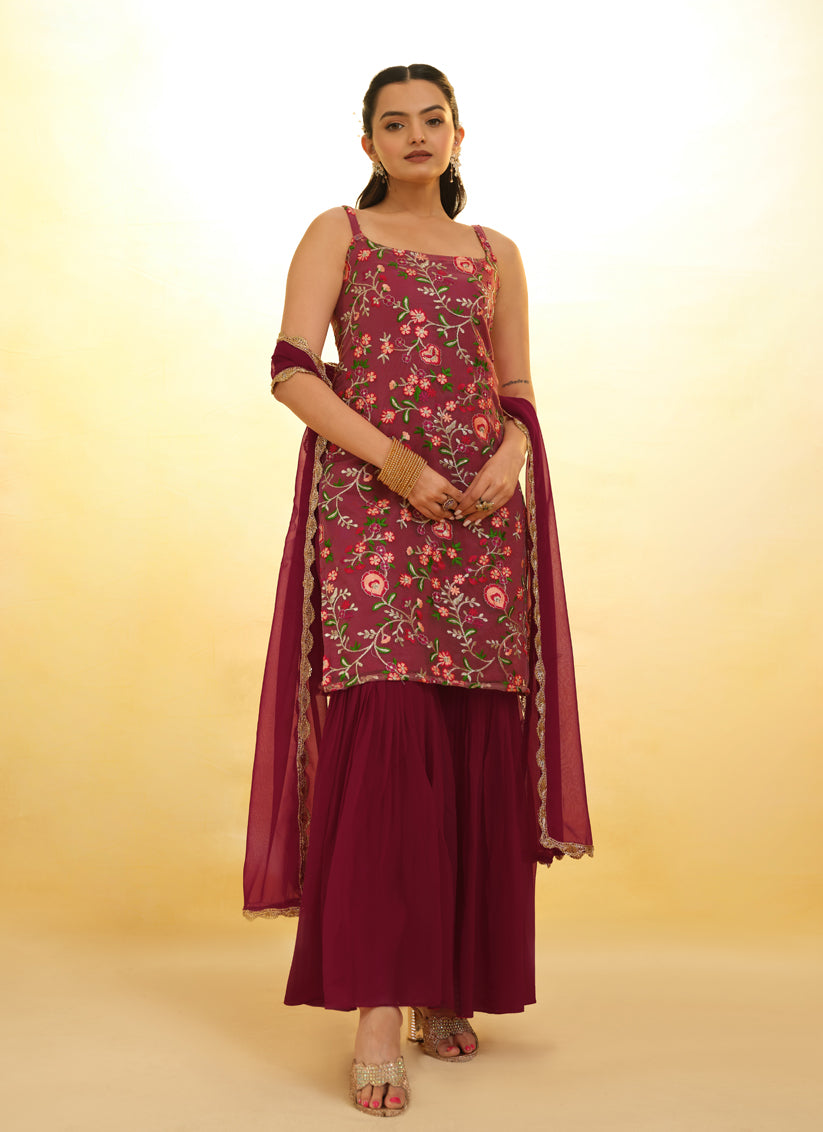 Maroon Embroidered Net Readymade Sarara Kameez