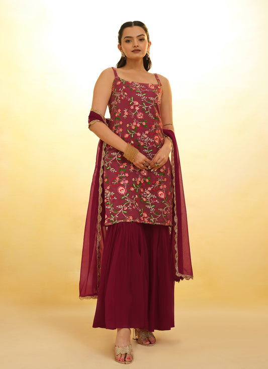 Maroon Embroidered Net Readymade Sarara Kameez
