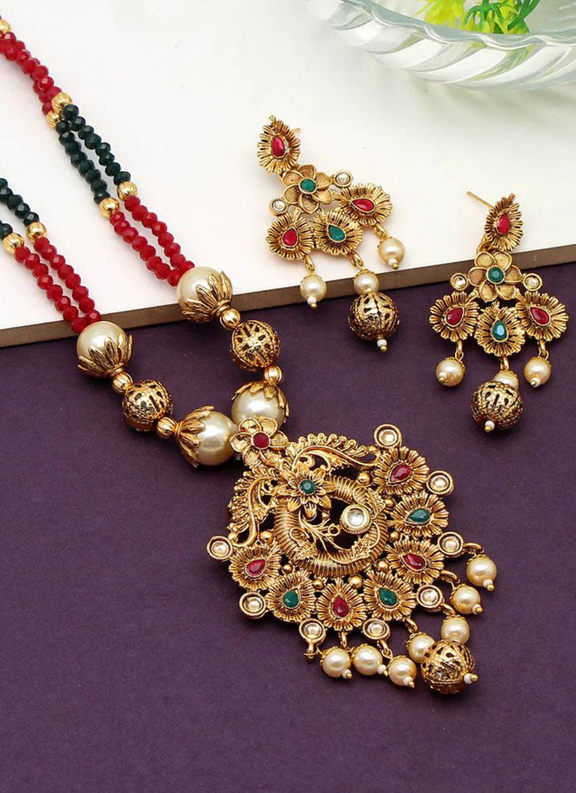 Maroon & Green Matte Gold Long Necklace Set