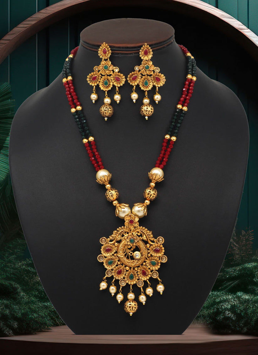 Maroon & Green Matte Gold Long Necklace Set