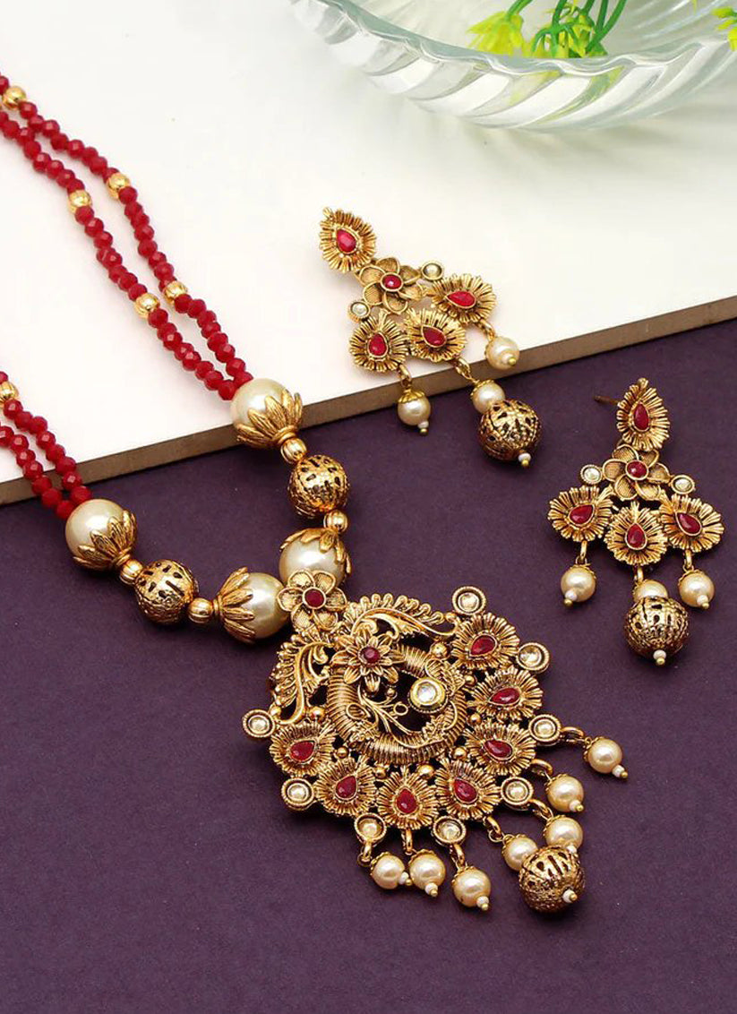 Maroon Matte Gold Long Necklace Set