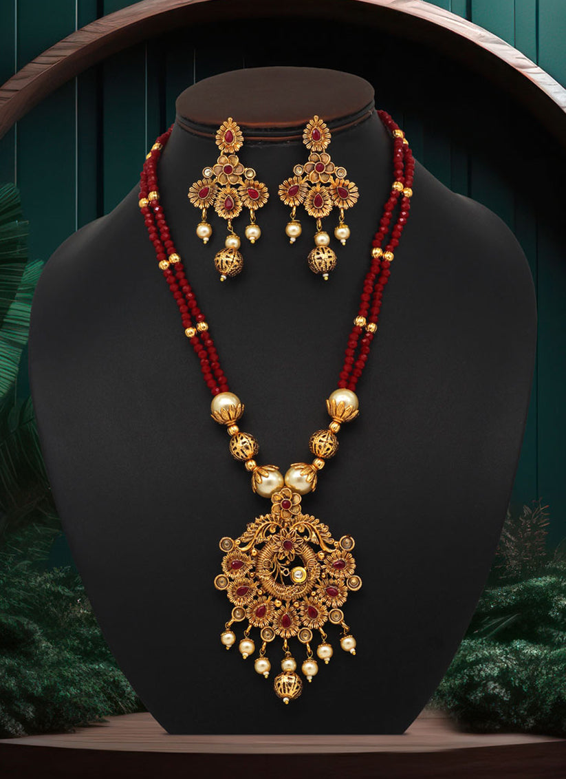 Maroon Matte Gold Long Necklace Set