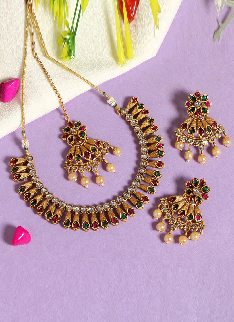 Rani & Green Matte Gold Necklace Set