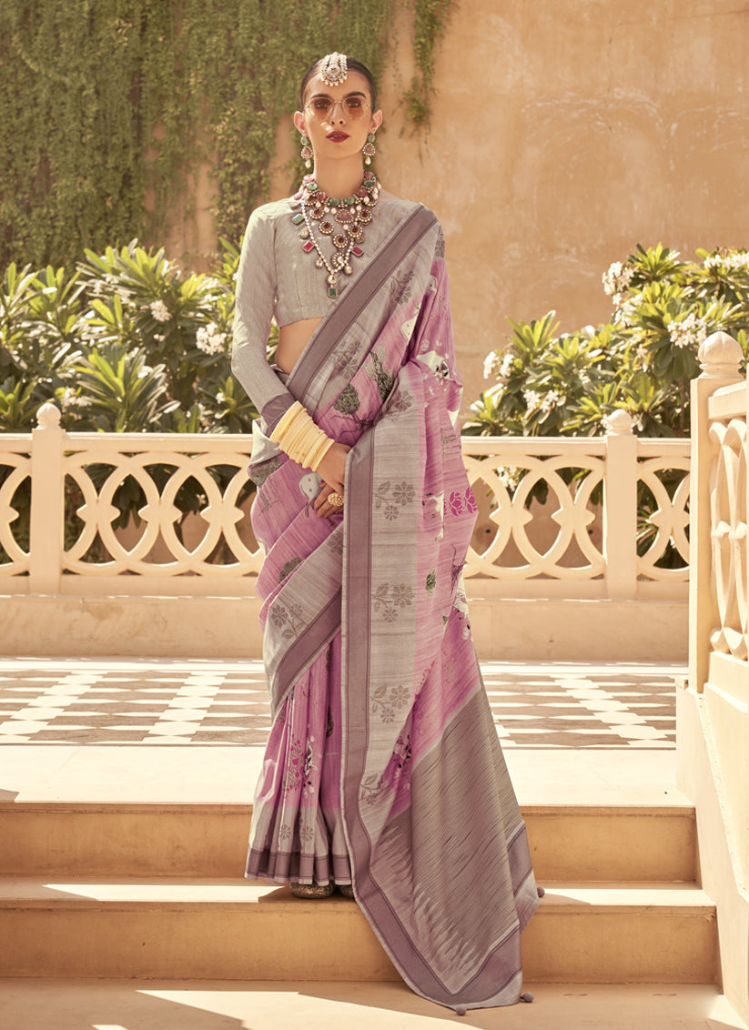 Carnation Pink Raw Silk Bengal Design Saree