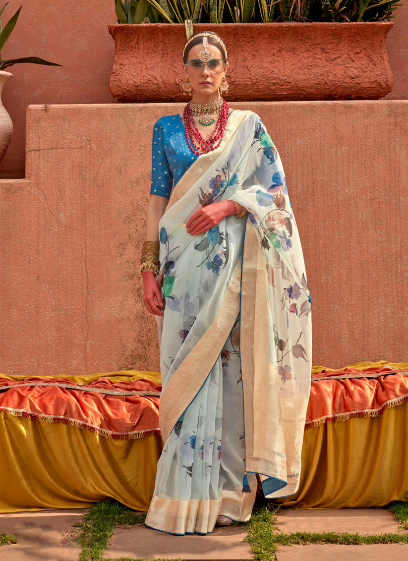 Ice Blue Organza Silk Embellished Floral Print Saree