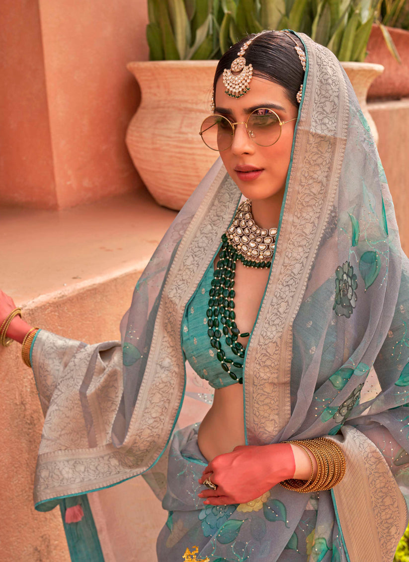 Smoke Grey Organza Silk Embellished Floral Print Saree