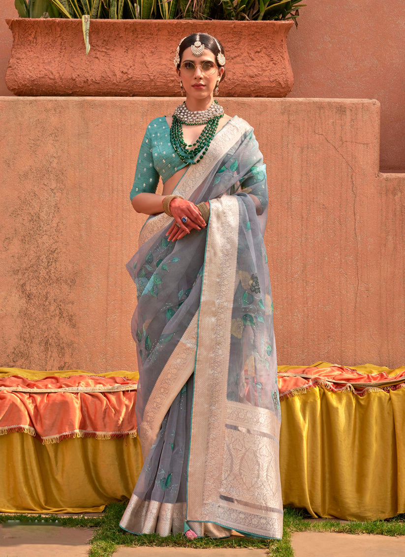Smoke Grey Organza Silk Embellished Floral Print Saree