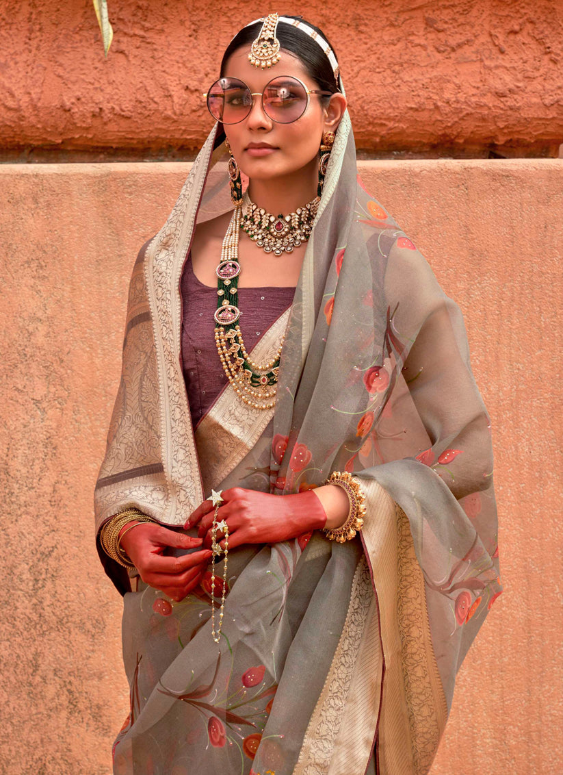 Dusty Grey Organza Silk Embellished Floral Print Saree