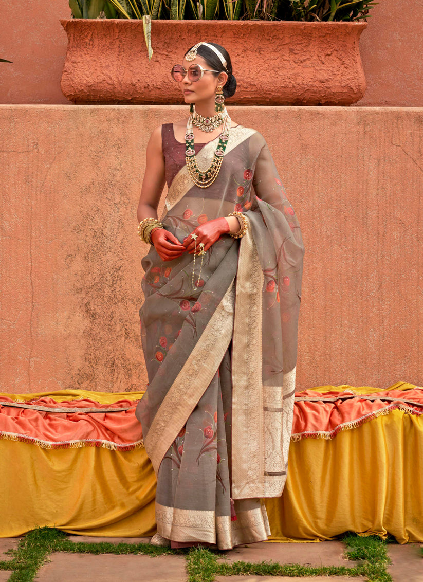 Dusty Grey Organza Silk Embellished Floral Print Saree