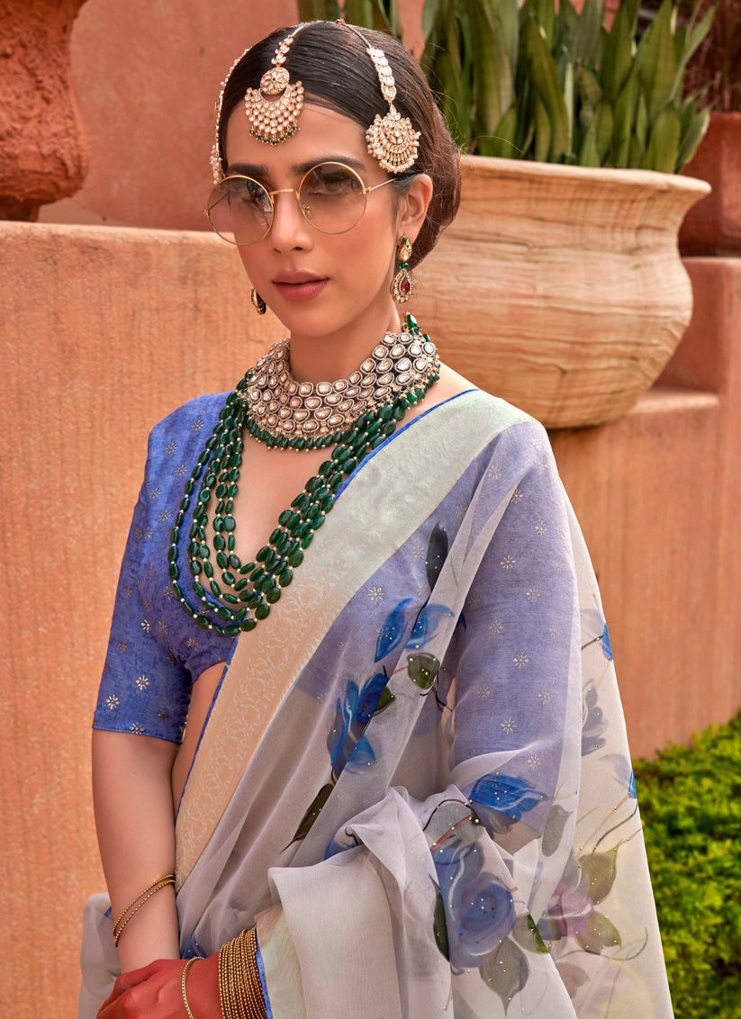 Pearl White Organza Silk Embellished Floral Print Saree