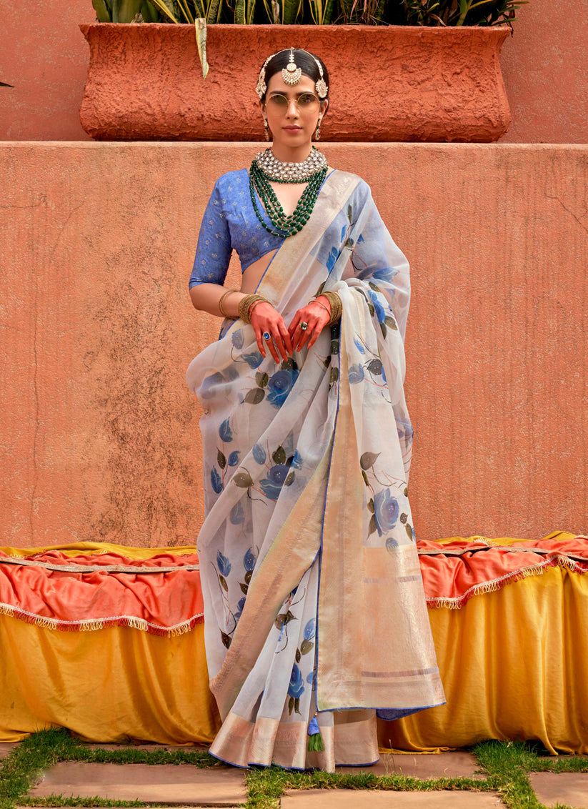 Pearl White Organza Silk Embellished Floral Print Saree