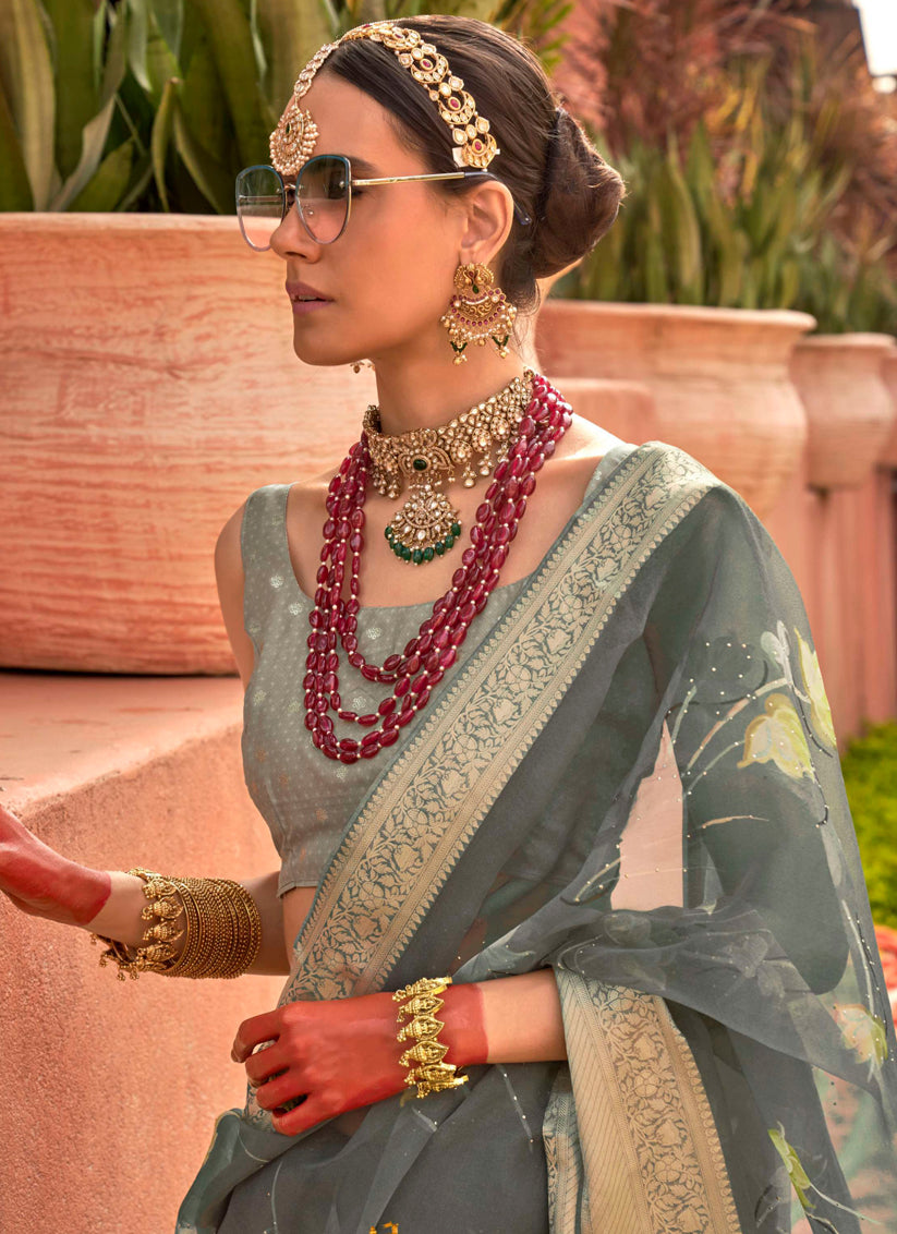 Moss Grey Organza Silk Embellished Floral Print Saree