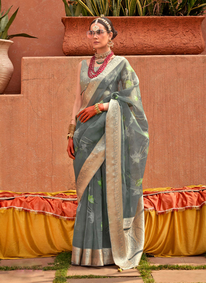 Moss Grey Organza Silk Embellished Floral Print Saree