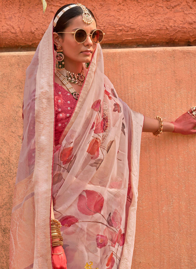 Blush Pink Organza Silk Embellished Floral Print Saree