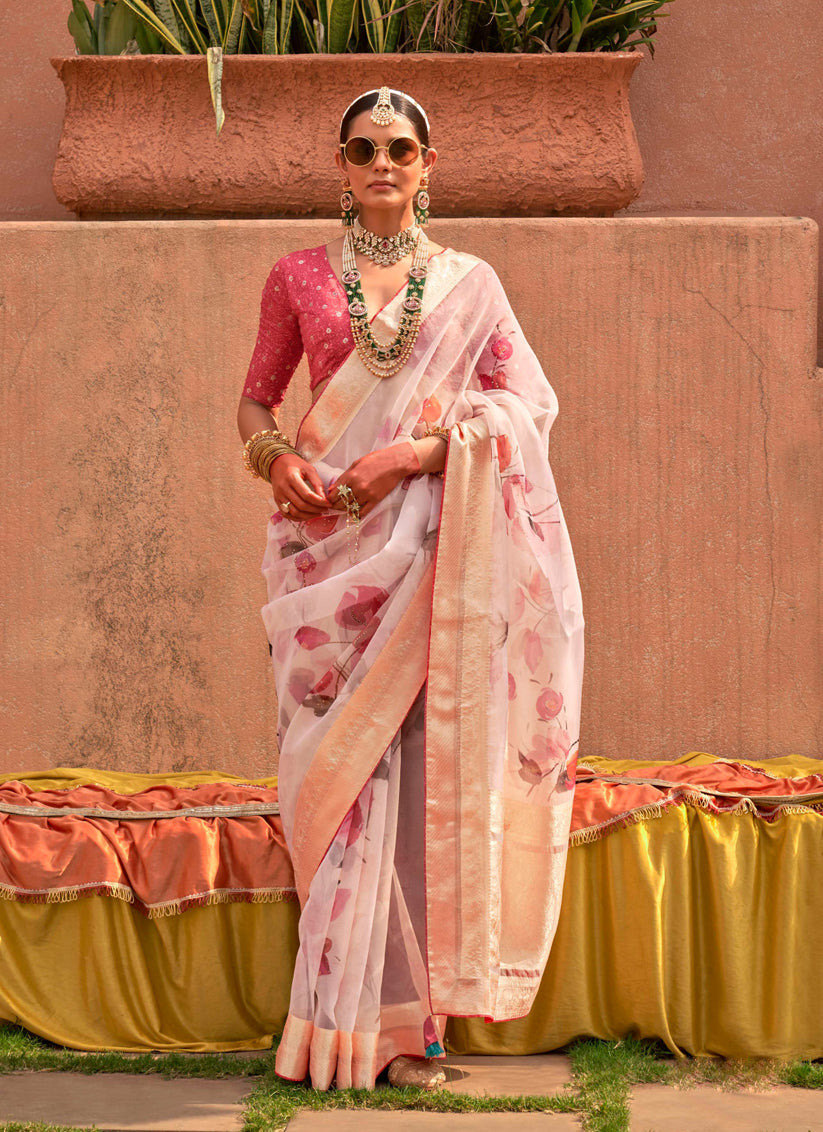 Blush Pink Organza Silk Embellished Floral Print Saree