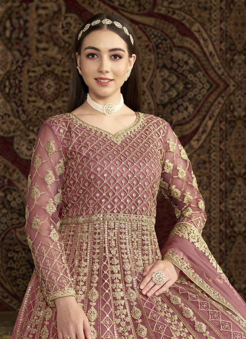 Pink Sequins & Embroidered Net Anarkali Suit