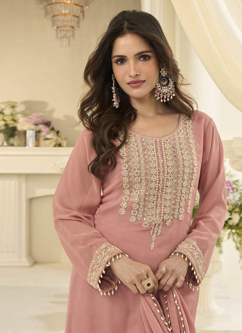 Rose Pink Georgette Sharara Suit with Zari Embroidery – Elegant Festive Wear for Women