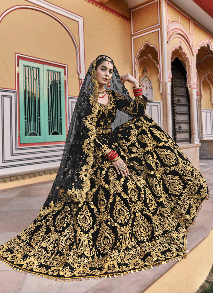 Black Velvet Embellished Bridal Lehenga Choli