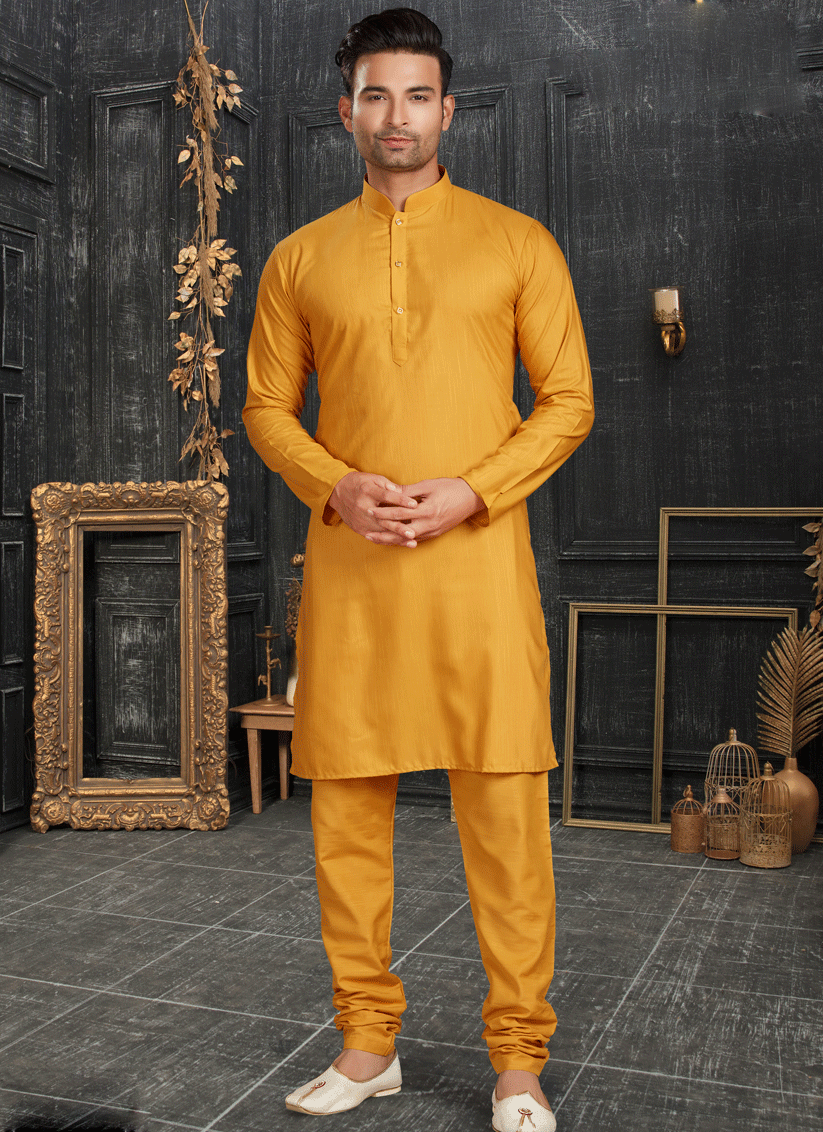 Mustard Yellow Men's cotton Kurta Pyjama Set