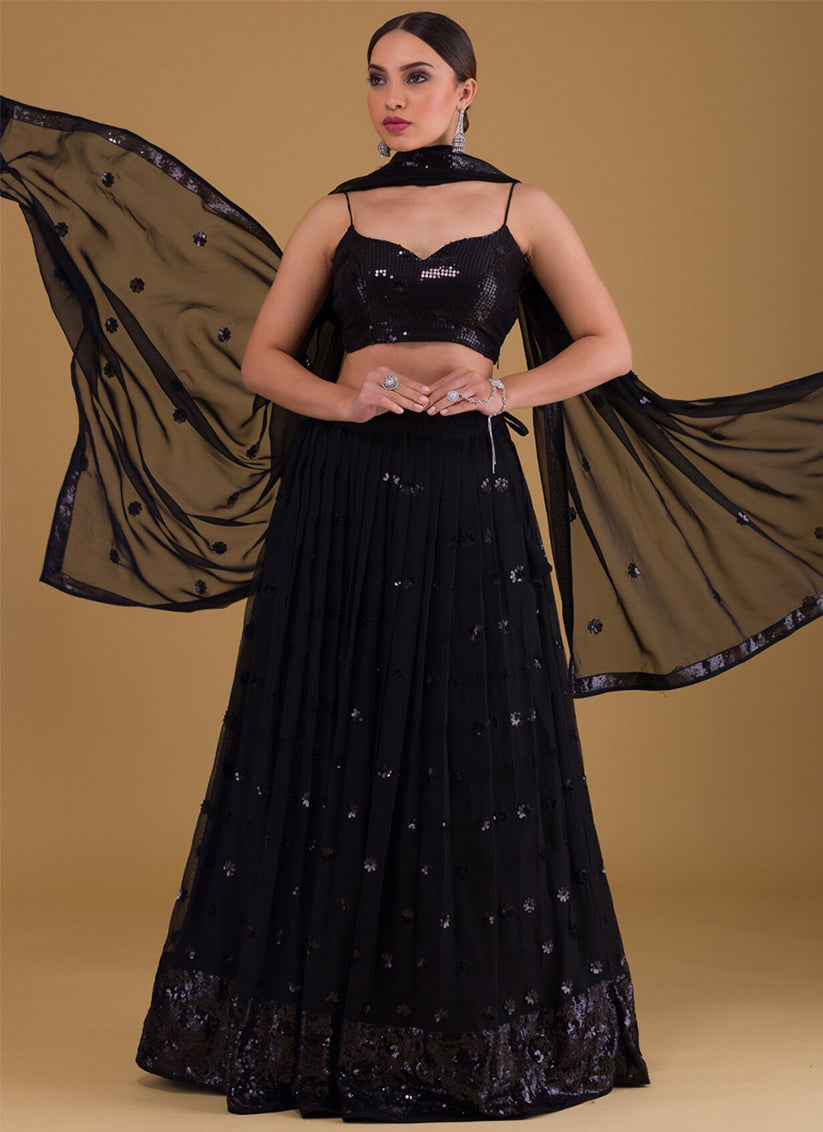 Black Embroidered Georgette Lehenga Choli Set