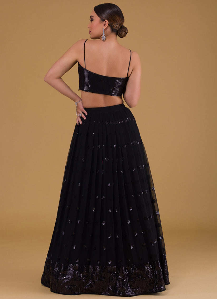 Black Embroidered Georgette Lehenga Choli Set