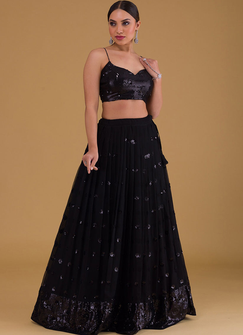 Black Embroidered Georgette Lehenga Choli Set
