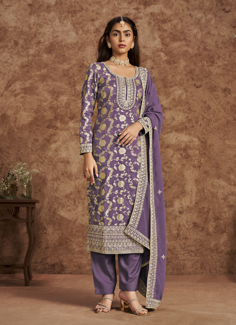 Mauve Dola Jacquard & Embroidered Plus Size Suit