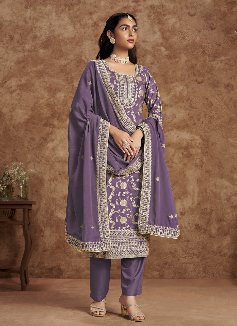 Mauve Dola Jacquard & Embroidered Plus Size Suit