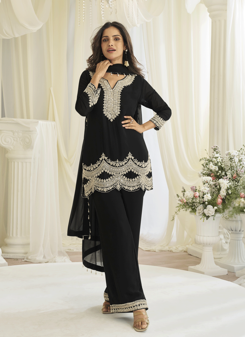 Elegant Black Georgette Heavy Embroidered Festive Wear Salwar Suit