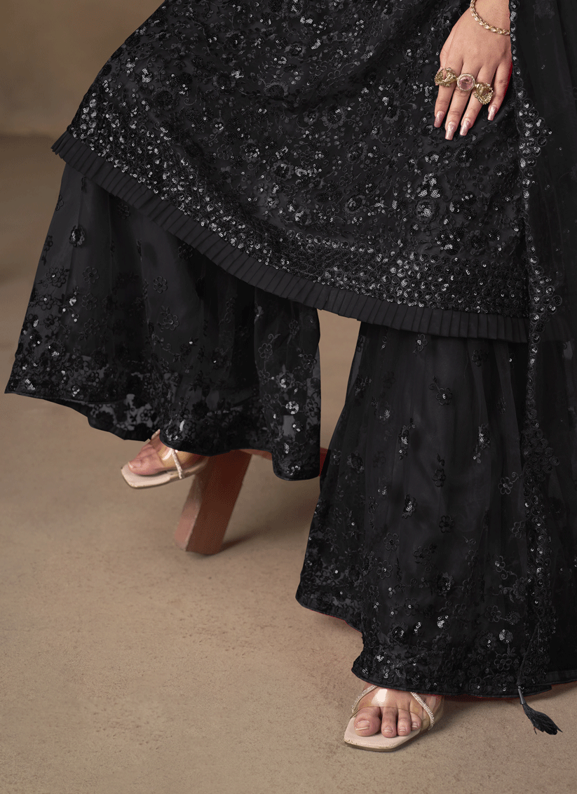 Stunning Black Designer Net Sharara Kameez for Memorable Celebrations