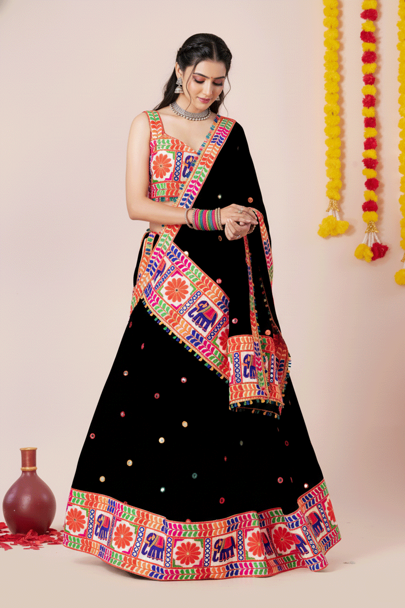Black Navratri Special Embroidered Mirror Work Chaniya Choli