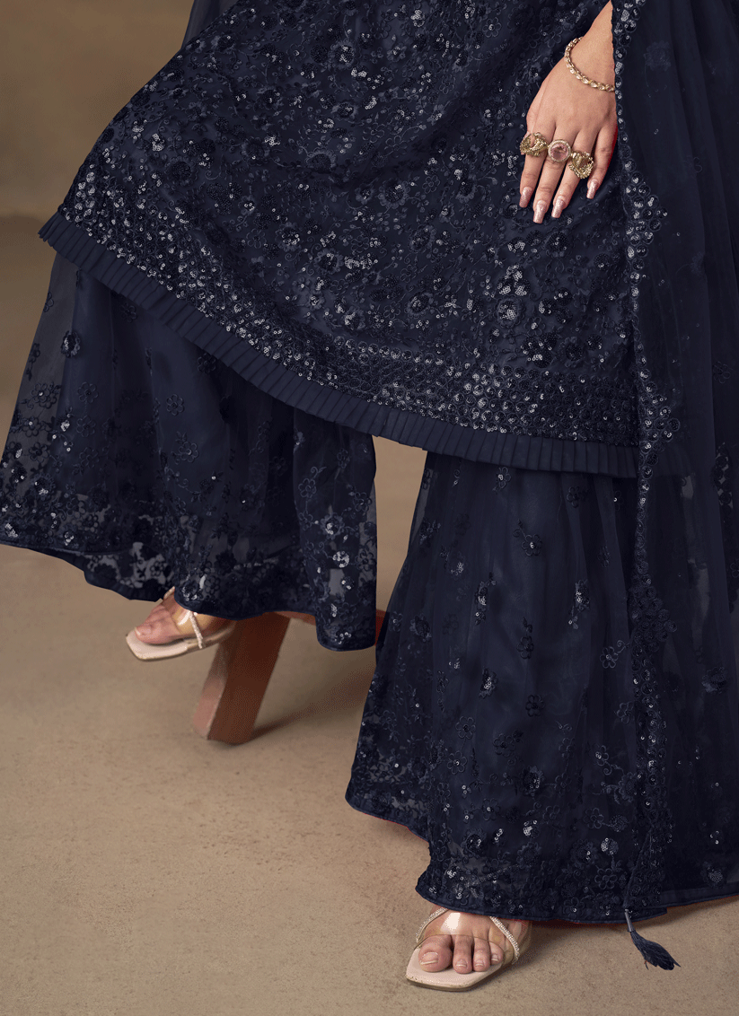 Stunning Midnight Blue Designer Net Sharara Kameez for Memorable Celebrations