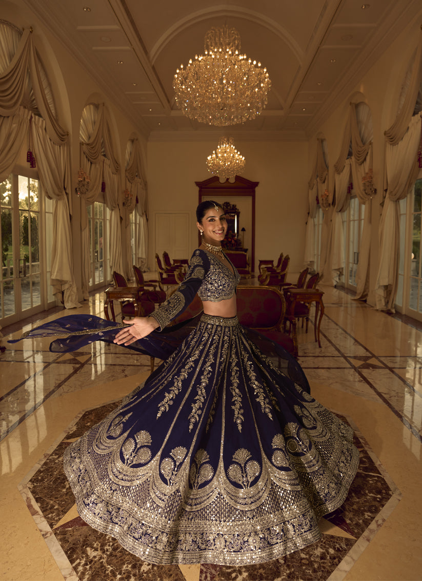 Navy Blue Art Silk Umbrella Lehenga with Embroidered & Mirror Work Wedding Wear Lehenga